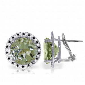 14K Solid White Gold Stud French Clips Earrings Black / White Diamond & Green Amethyst