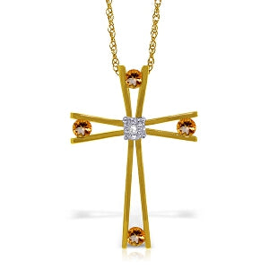 14K Solid Yellow Gold Cross Necklace w/ Natural Diamond & Citrines