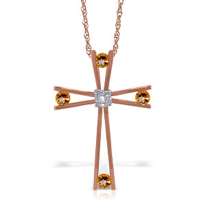 14K Solid Rose Gold Cross Necklace w/ Natural Diamond & Citrines