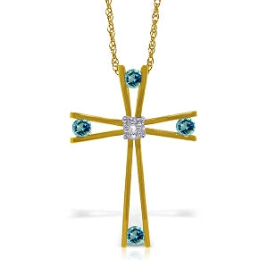 14K Solid Yellow Gold Cross Necklace w/ Natural Diamond & Blue Topaz