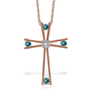 14K Solid Rose Gold Cross Necklace w/ Natural Diamond & Blue Topaz