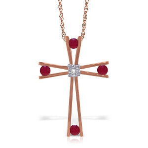 14K Solid Rose Gold Cross Necklace w/ Natural Diamond & Rubies