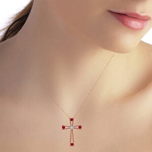 14K Solid Rose Gold Cross Necklace w/ Natural Diamond & Rubies