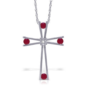 14K Solid White Gold Cross Necklace w/ Natural Diamond & Rubies