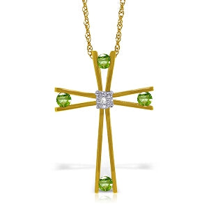 14K Solid Yellow Gold Cross Necklace w/ Natural Diamond & Peridots
