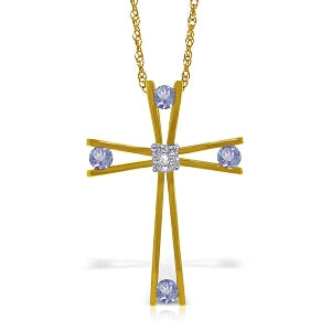 14K Solid Yellow Gold Cross Necklace w/ Natural Diamond & Tanzanites
