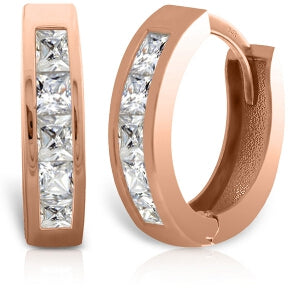 14K Solid Rose Gold Hoop Huggie Earrings w/ Princess Cut Diamonds
