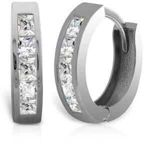 14K Solid White Gold Hoop Huggie Earrings w/ Princess Cut Diamonds