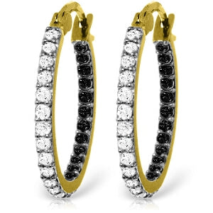 14K Solid Yellow Gold Hoop Black & White Diamond Earrings