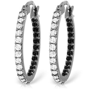 14K Solid White Gold Hoop Earrings Natural Black & White Diamond Gemstone