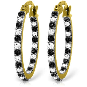 14K Solid Yellow Gold Hoop Black/White Diamond Earrings