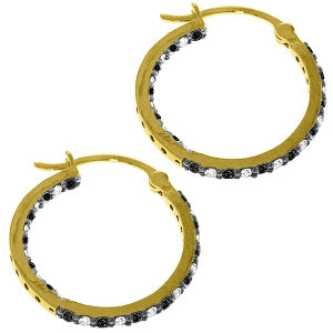 14K Solid Yellow Gold Hoop Black/White Diamond Earrings