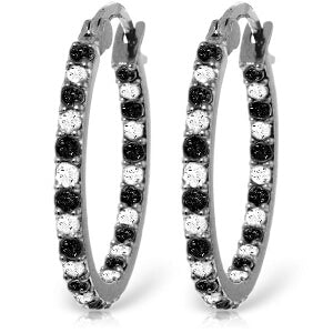 14K Solid White Gold Hoop Earrings Natural Black & White Diamond Jewelry
