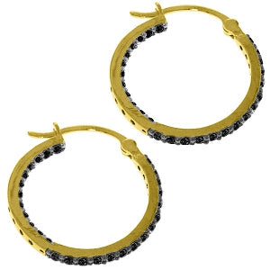 14K Solid Yellow Gold Hoop Earrings w/ Natural Black Diamonds