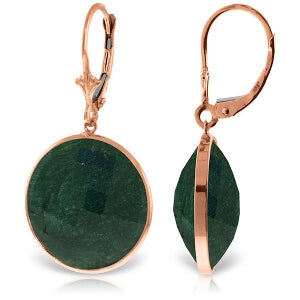14K Solid Rose Gold Leverback Earrings w/ Checkerboard Cut Round Emerald Color Corundum