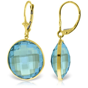 14K Solid Yellow Gold Leverback Checkerboard Cut Round Blue Topaz Earrings