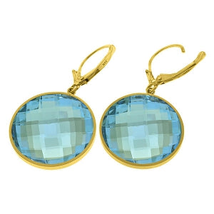 14K Solid Yellow Gold Leverback Checkerboard Cut Round Blue Topaz Earrings