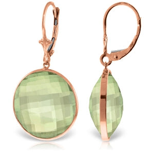 14K Solid Rose Gold Leverback Earrings Round Green Amethyst Certified