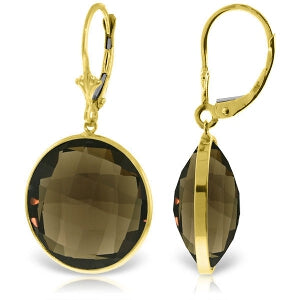 14K Solid Yellow Gold Leverback Checkerboard Cut Round Smoky Quartz Earrings