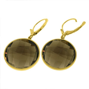 14K Solid Yellow Gold Leverback Checkerboard Cut Round Smoky Quartz Earrings