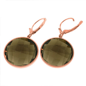 14K Solid Rose Gold Leverback Earrings Round Smoky Quartz