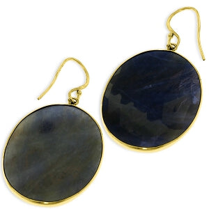 14K Solid Yellow Gold Fish Hook Round Sapphire Earrings