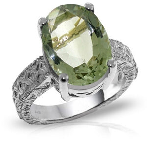 14K Solid White Gold Ring w/ Natural Oval Green Amethyst