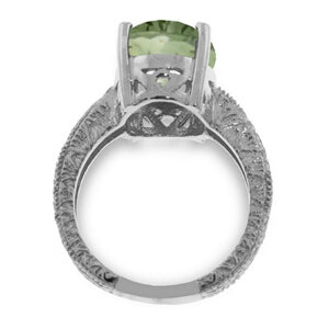 14K Solid White Gold Ring w/ Natural Oval Green Amethyst