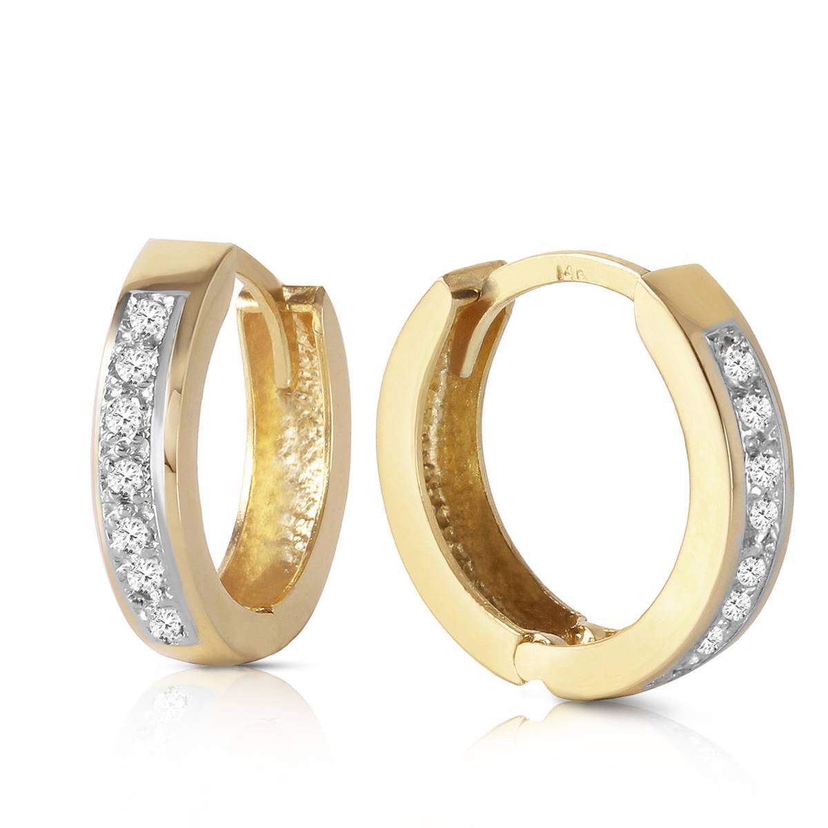 14K Solid Yellow Gold Hoop Huggie Diamond Earrings