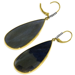14K Solid Yellow Gold Diamond Leverback Pear Sapphire Earrings