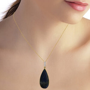 14K Solid Yellow Gold Necklace w/ Diamonds & Pear Shape Checkerboard Cut Sapphire