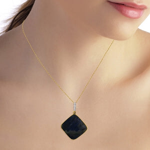 14K Solid Yellow Gold Necklace w/ Diamonds & Square Shape Checkerboard Cut Sapphire