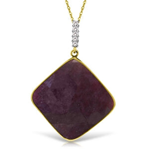 14K Solid Yellow Gold Necklace w/ Diamonds & Square Checkboard Cut Dyed Ruby