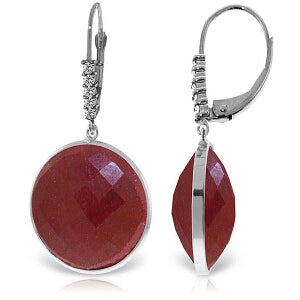 14K Solid White Gold Diamonds Leverback Earrings w/ Checkerboard Cut Round Dyed Rubies