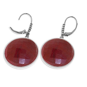 14K Solid White Gold Diamonds Leverback Earrings w/ Checkerboard Cut Round Dyed Rubies