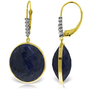 14K Solid Yellow Gold Diamonds Leverback Earrings w/ Checkerboard Cut Round Dyed Sapphires