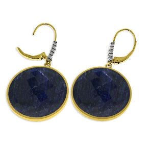14K Solid Yellow Gold Diamonds Leverback Earrings w/ Checkerboard Cut Round Dyed Sapphires