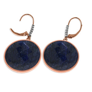 14K Solid Rose Gold Diamonds Leverback Earrings w/ Checkerboard Cut Round Dyed Sapphires