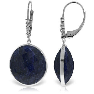 14K Solid White Gold Diamonds Leverback Earrings w/ Checkerboard Cut Round Dyed Sapphires
