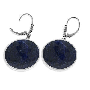 14K Solid White Gold Diamonds Leverback Earrings w/ Checkerboard Cut Round Dyed Sapphires