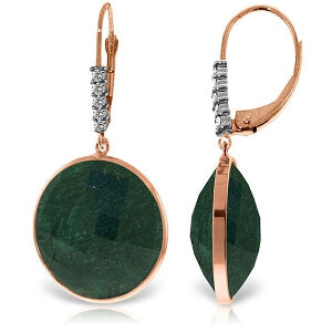 14K Solid Rose Gold Diamonds Leverback Earrings w/ Round Emerald Color Corundum