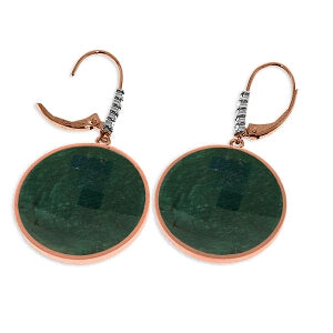 14K Solid Rose Gold Diamonds Leverback Earrings w/ Round Emerald Color Corundum