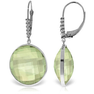 14K Solid White Gold Diamonds Leverback Earrings w/ Checkerboard Cut Round Green Amethysts
