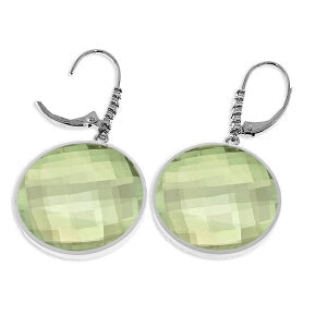 14K Solid White Gold Diamonds Leverback Earrings w/ Checkerboard Cut Round Green Amethysts