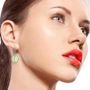 14K Solid White Gold Diamonds Leverback Earrings w/ Checkerboard Cut Round Green Amethysts