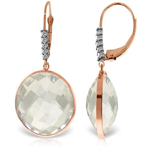 14K Solid Rose Gold Diamonds Leverback Earrings w/ Checkerboard Cut Round White Topaz