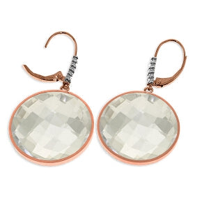 14K Solid Rose Gold Diamonds Leverback Earrings w/ Checkerboard Cut Round White Topaz