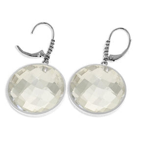 14K Solid White Gold Diamonds Leverback Earrings w/ Checkerboard Cut Round White Topaz