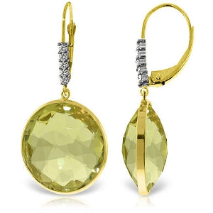14K Solid Yellow Gold Diamonds Leverback Earrings w/ Checkerboard Cut Lemon Quartz