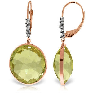 14K Solid Rose Gold Diamonds Leverback Earrings w/ Checkerboard Cut Lemon Quartz